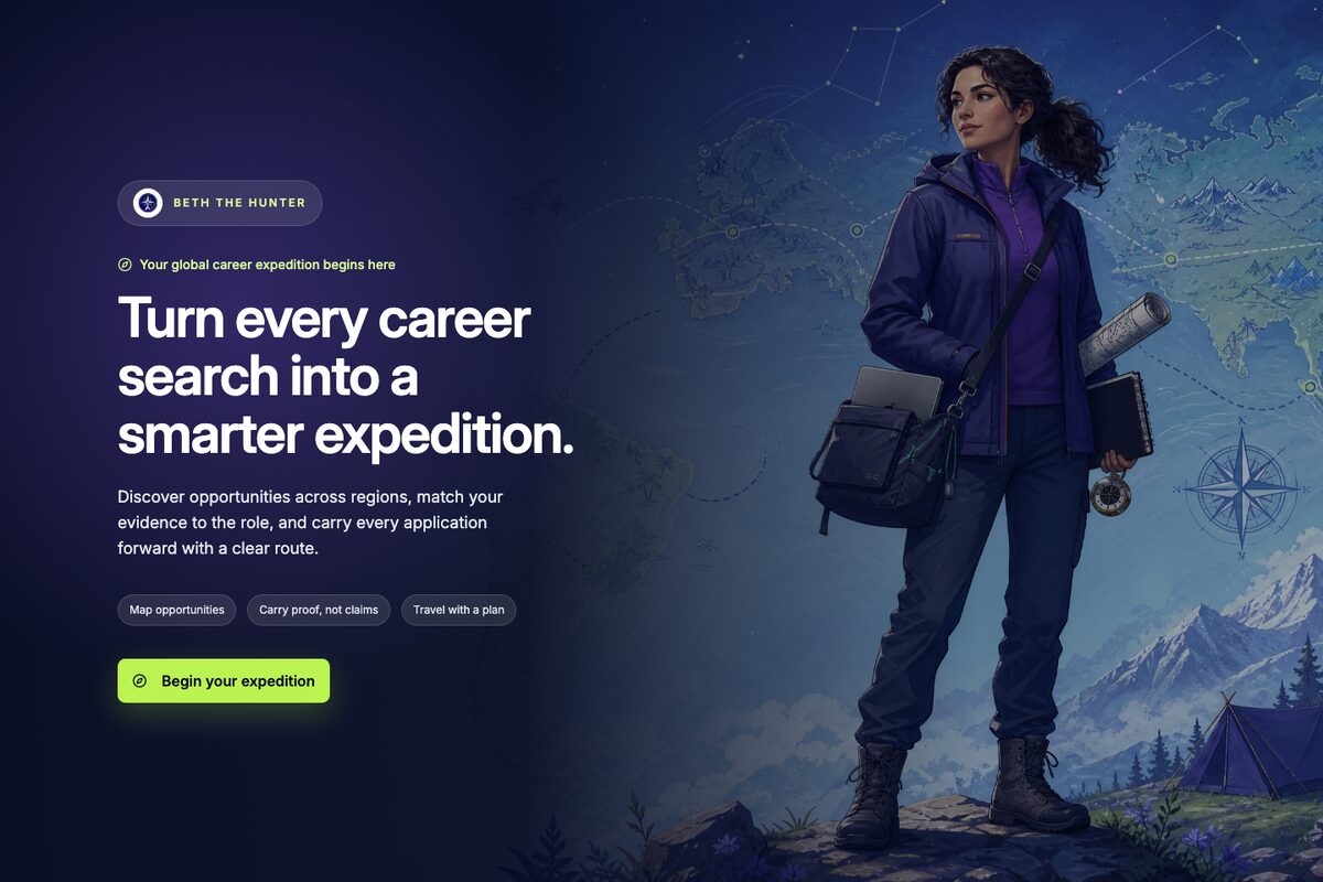 The Beth The Hunter app entry screen: “Turn every career search into a smarter expedition”, with the Begin your expedition sign-in button
